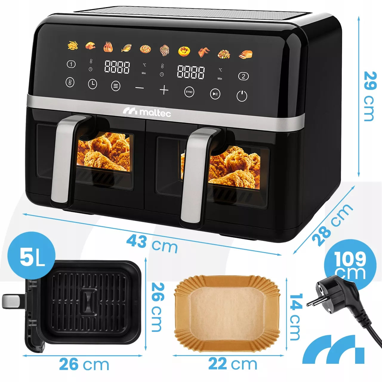 MalTec beztiebė gruzdintuvė 10L Air Fryer, dviejų zonų, 2800W + padėklai