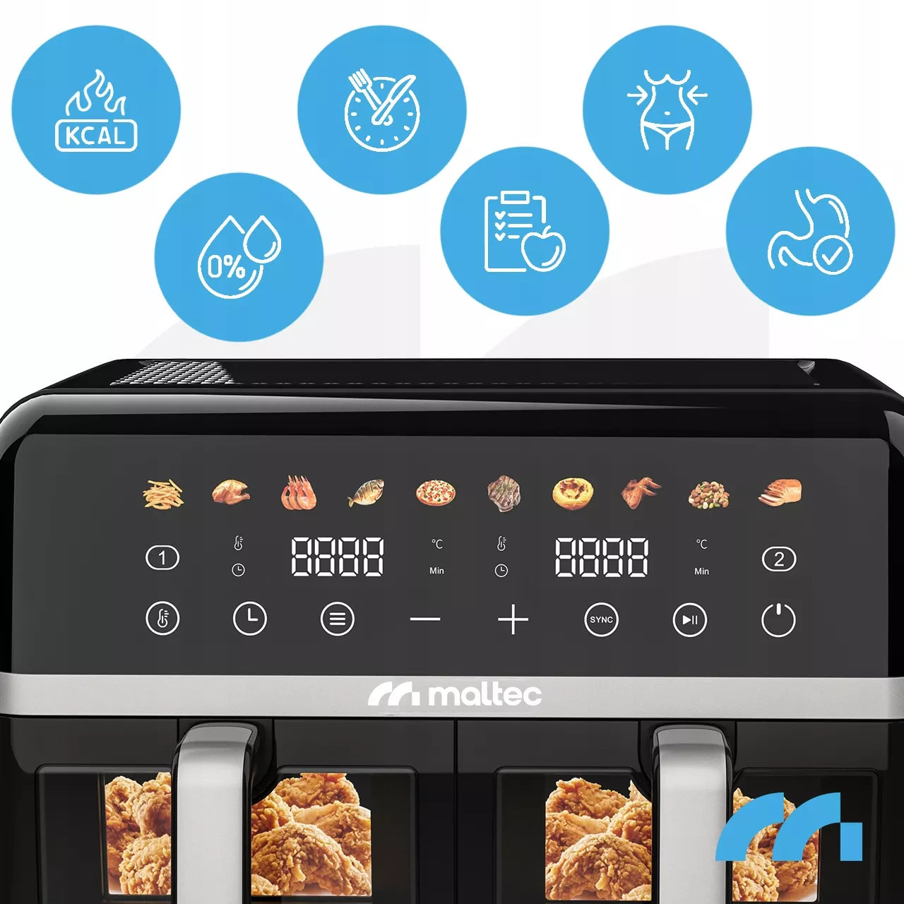 MalTec beztiebė gruzdintuvė 10L Air Fryer, dviejų zonų, 2800W + padėklai