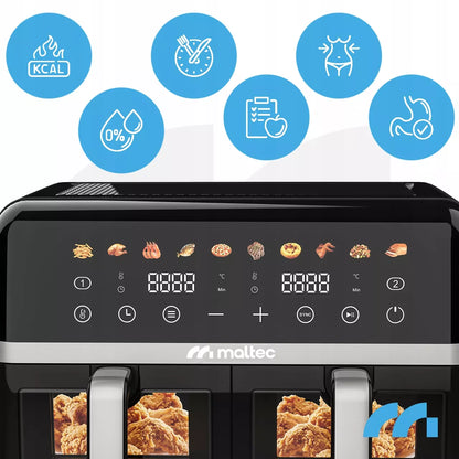 MalTec beztiebė gruzdintuvė 10L Air Fryer, dviejų zonų, 2800W + padėklai