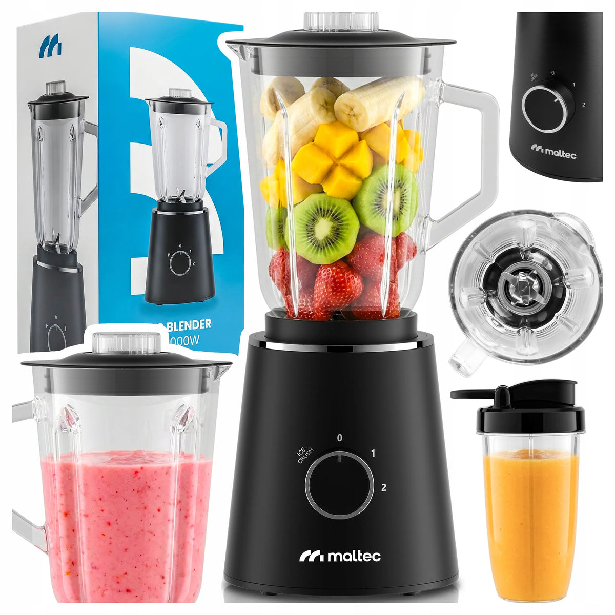 Maltec BL1000W stacionarus stiklinis trintuvas kokteiliams ir glotnučiams, 1,5 l, 1000 W, su 500 ml buteliuku