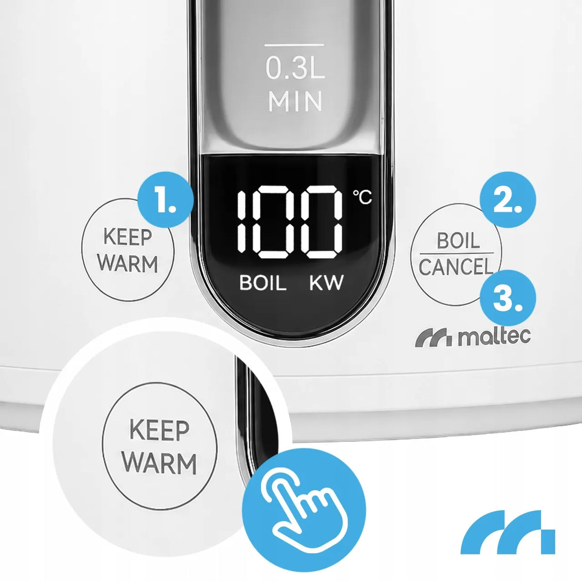 MalTec Boily3000-WH elektrinis virdulys su temperatūros reguliavimu, LED apšvietimu ir šilumos palaikymo funkcija, 1,5 l