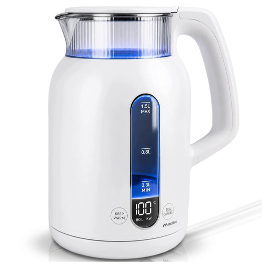 MalTec Boily3000-WH elektrinis virdulys su temperatūros reguliavimu, LED apšvietimu ir šilumos palaikymo funkcija, 1,5 l