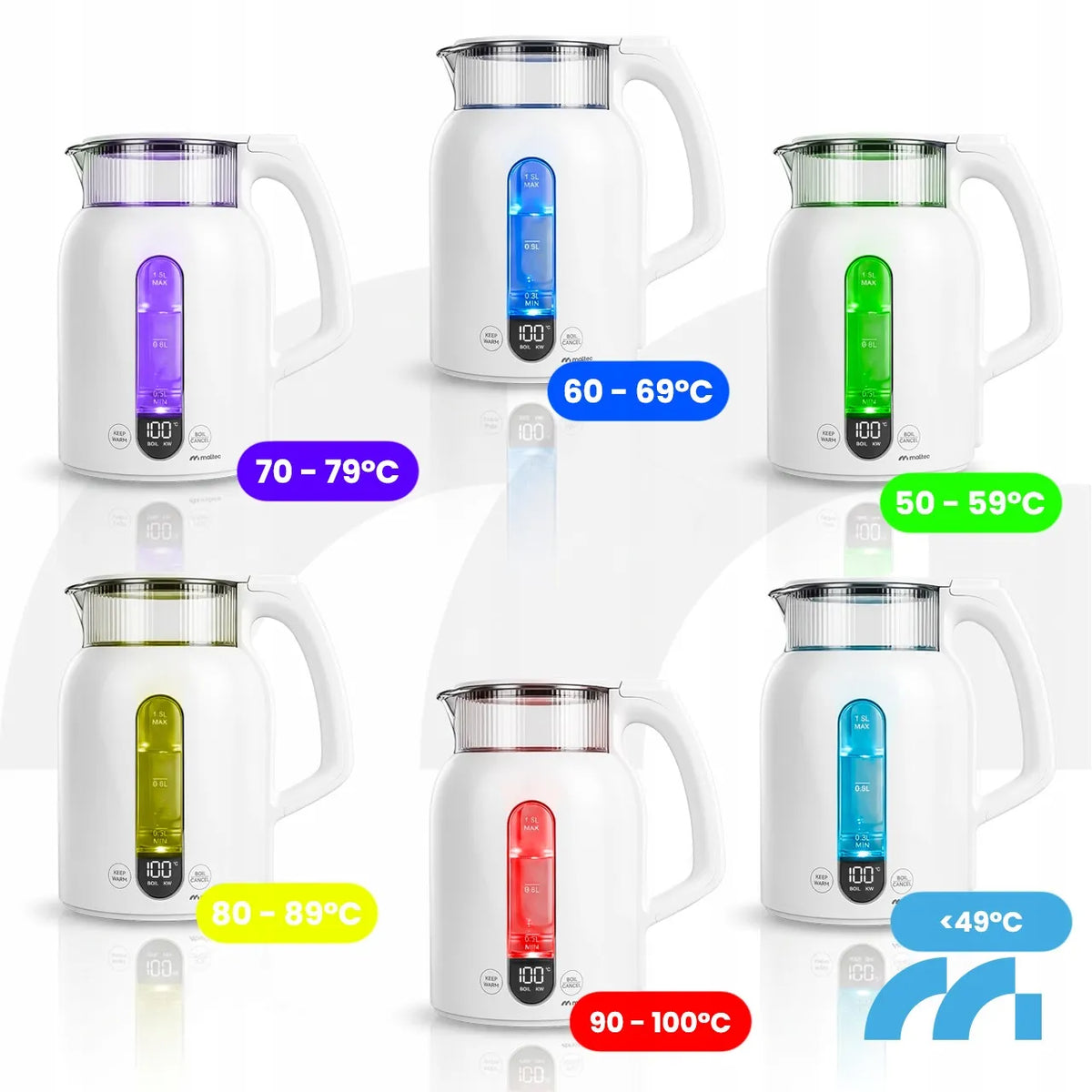 MalTec Boily3000-WH elektrinis virdulys su temperatūros reguliavimu, LED apšvietimu ir šilumos palaikymo funkcija, 1,5 l
