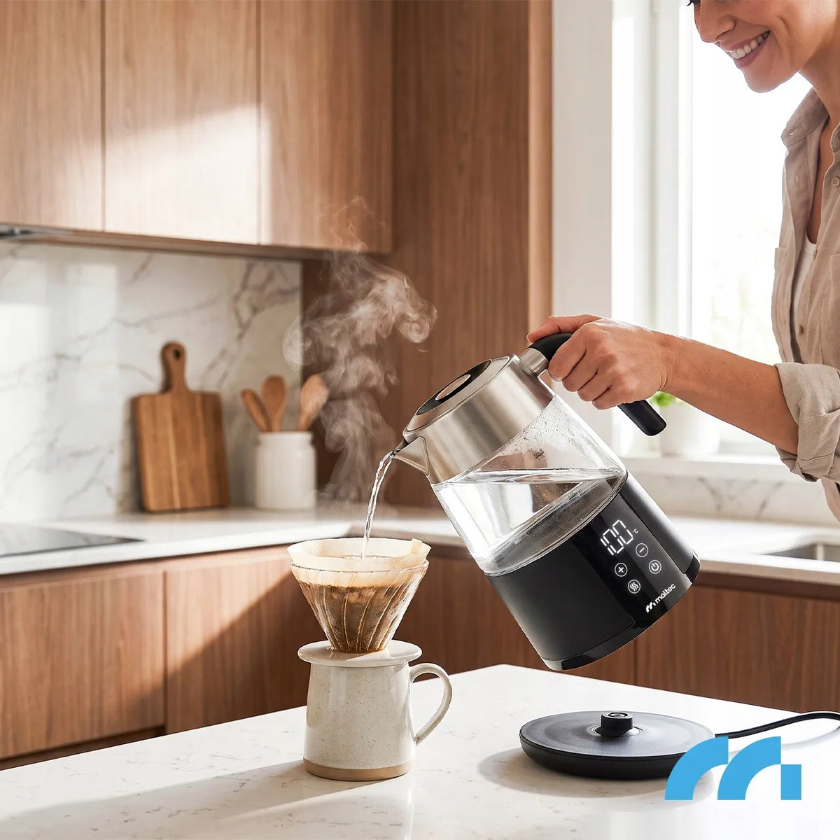 MalTec Boily5000-BL stiklinis elektrinis virdulys su temperatūros reguliavimu ir „Keep Warm“ funkcija, 1,7 l, 2200 W