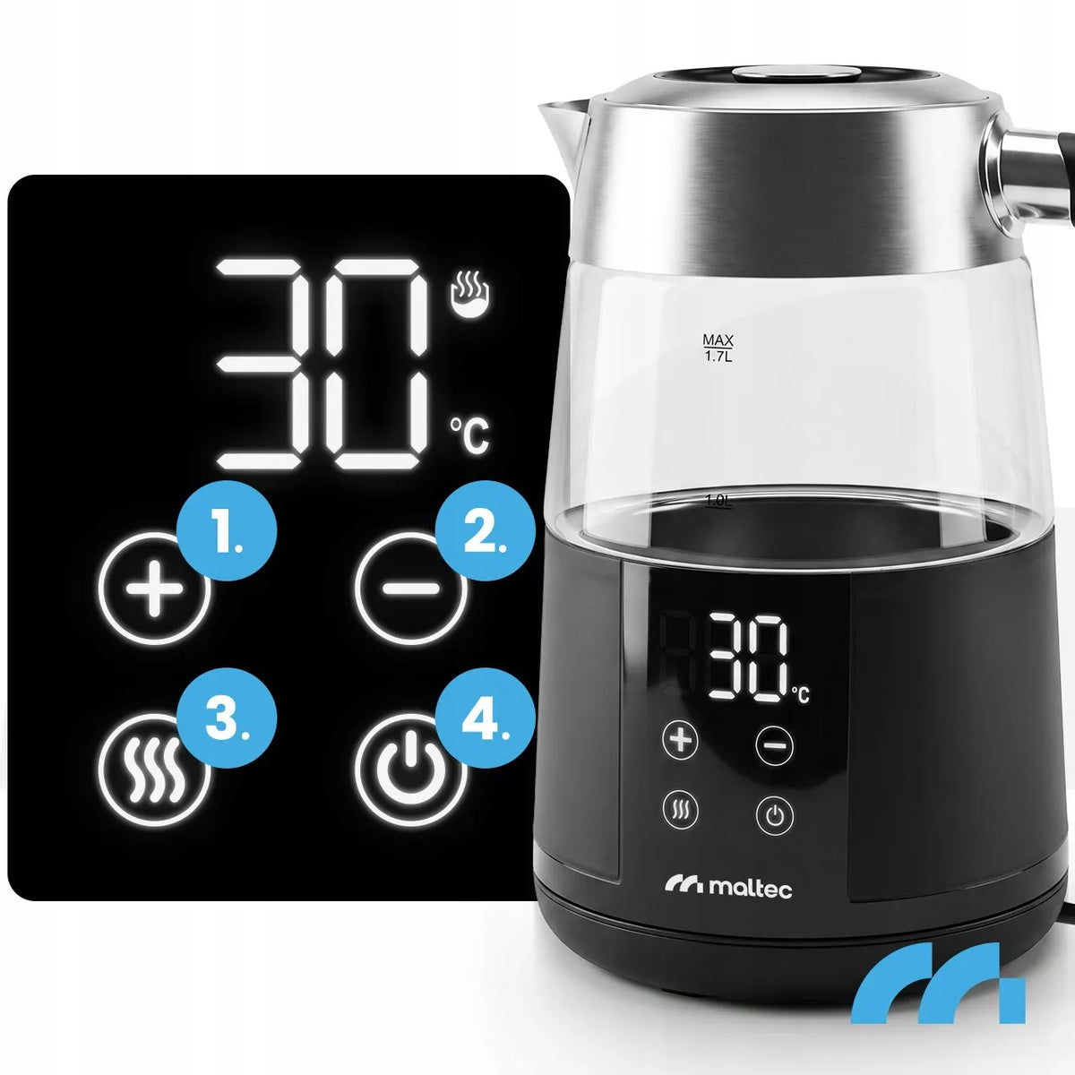 MalTec Boily5000-BL stiklinis elektrinis virdulys su temperatūros reguliavimu ir „Keep Warm“ funkcija, 1,7 l, 2200 W