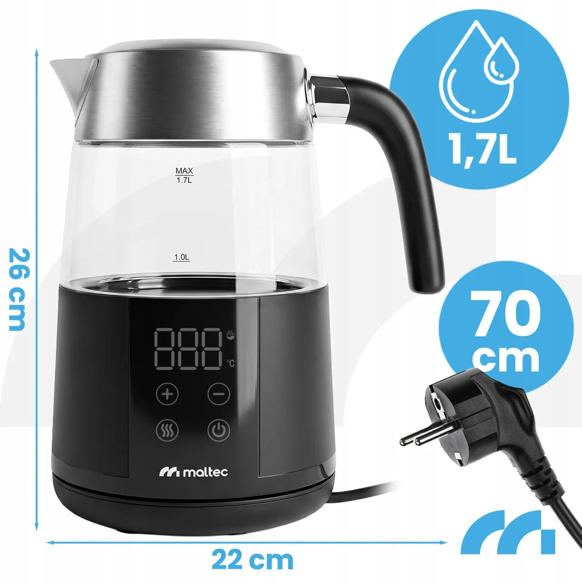 MalTec Boily5000-BL stiklinis elektrinis virdulys su temperatūros reguliavimu ir „Keep Warm“ funkcija, 1,7 l, 2200 W