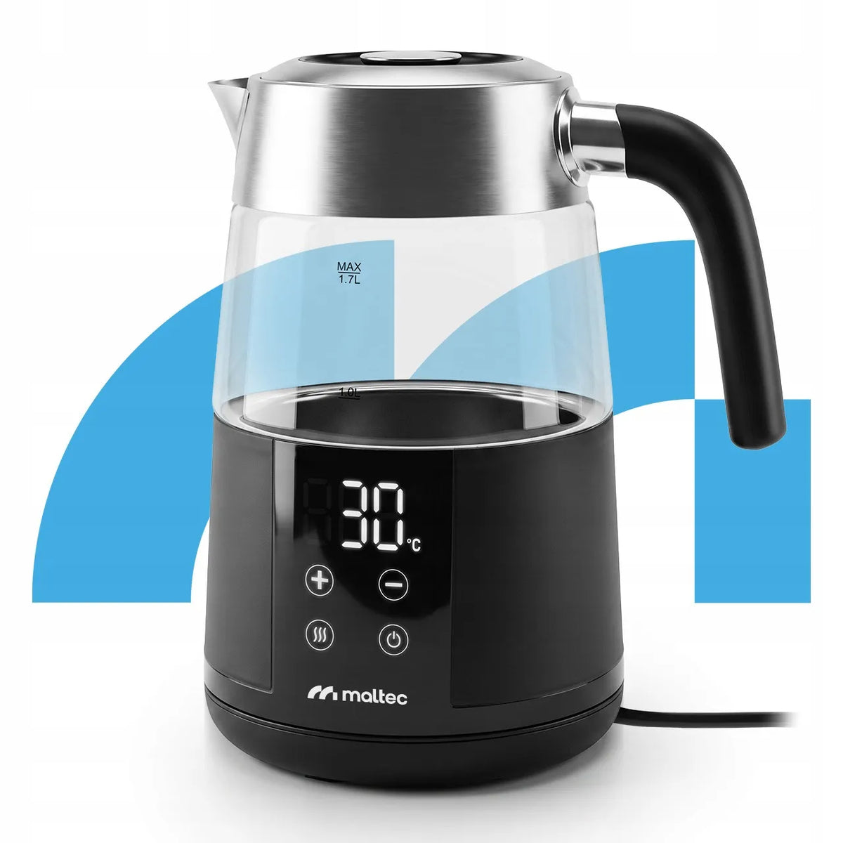 MalTec Boily5000-BL stiklinis elektrinis virdulys su temperatūros reguliavimu ir „Keep Warm“ funkcija, 1,7 l, 2200 W
