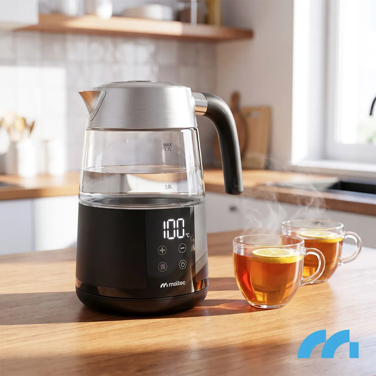 MalTec Boily5000-BL stiklinis elektrinis virdulys su temperatūros reguliavimu ir „Keep Warm“ funkcija, 1,7 l, 2200 W