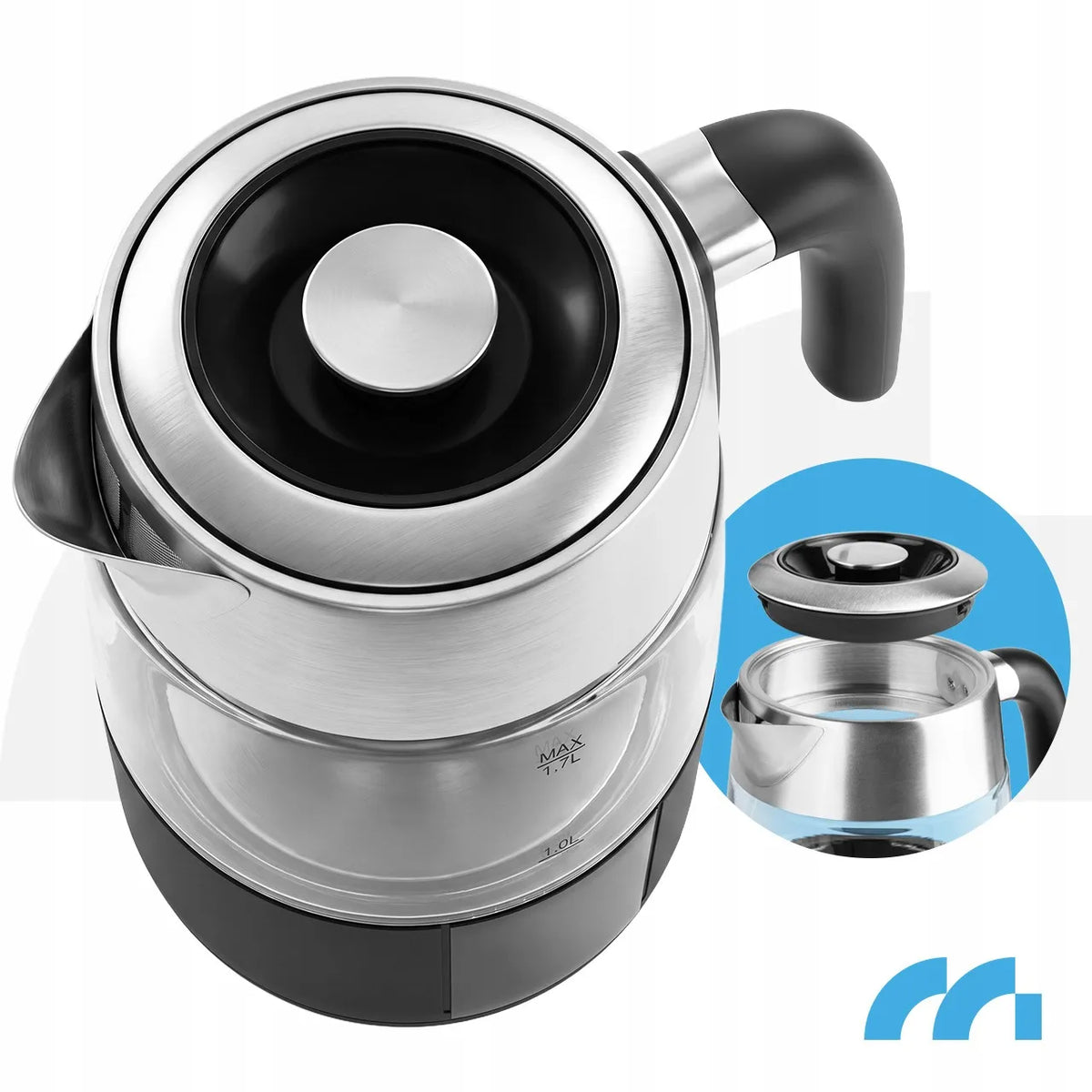 MalTec Boily5000-BL stiklinis elektrinis virdulys su temperatūros reguliavimu ir „Keep Warm“ funkcija, 1,7 l, 2200 W