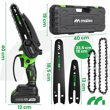 MalTec MasterCut800W akumuliatorinis grandininis šakų pjūklas, 21 V, 2 baterijos, 4 ir 6 colių kreipikliai