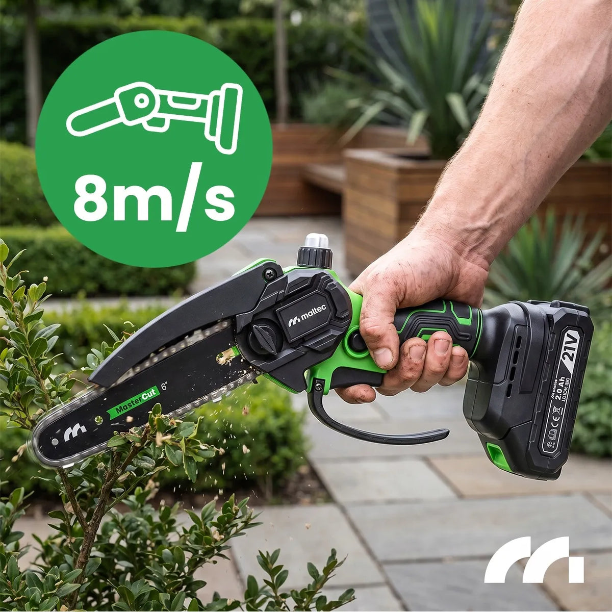 MalTec MasterCut800W akumuliatorinis grandininis šakų pjūklas, 21 V, 2 baterijos, 4 ir 6 colių kreipikliai