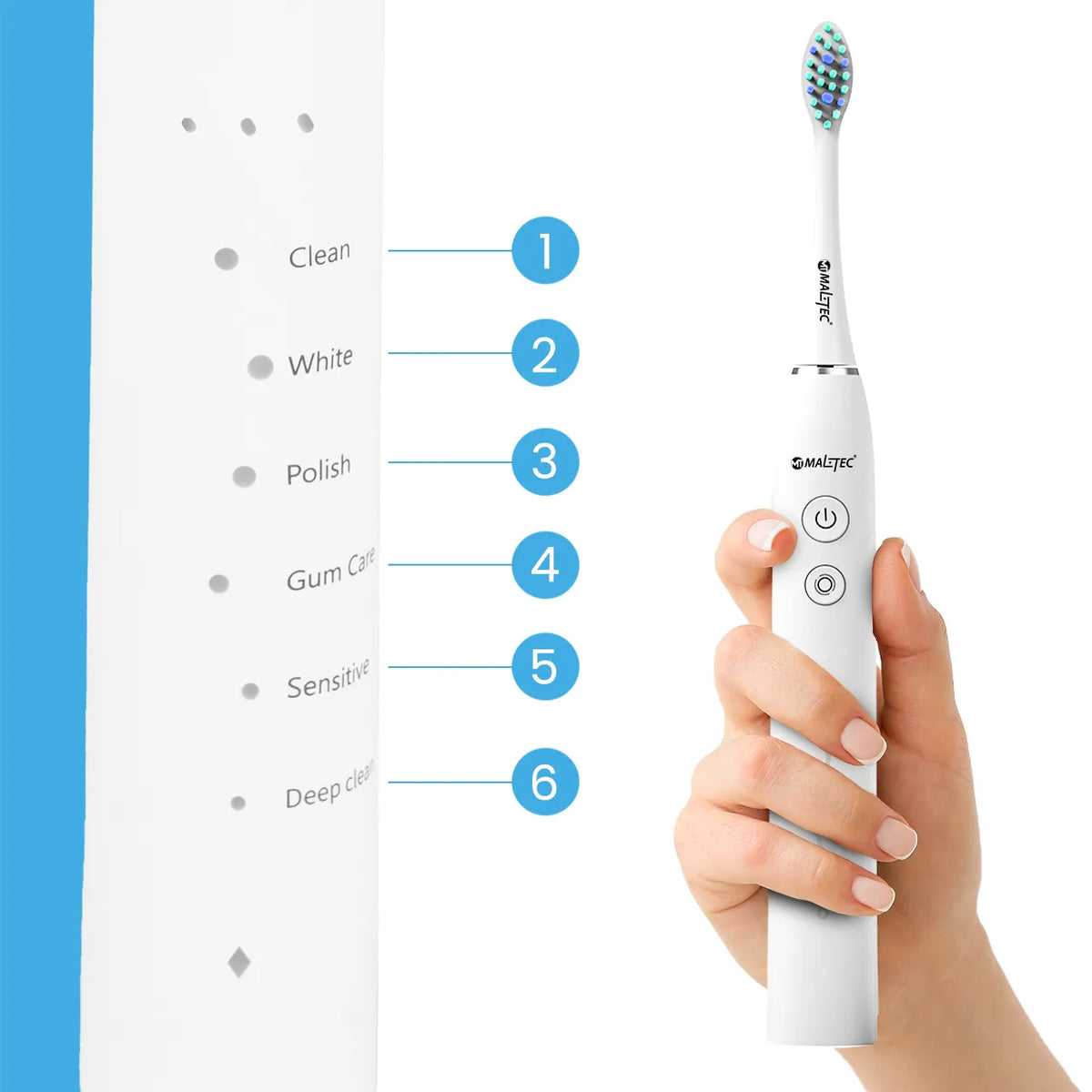 Maltec Toothie X1 WH soninis elektrinis dantų šepetėlis, 6 režimai, 6 antgaliai ir kelioninis dėklas