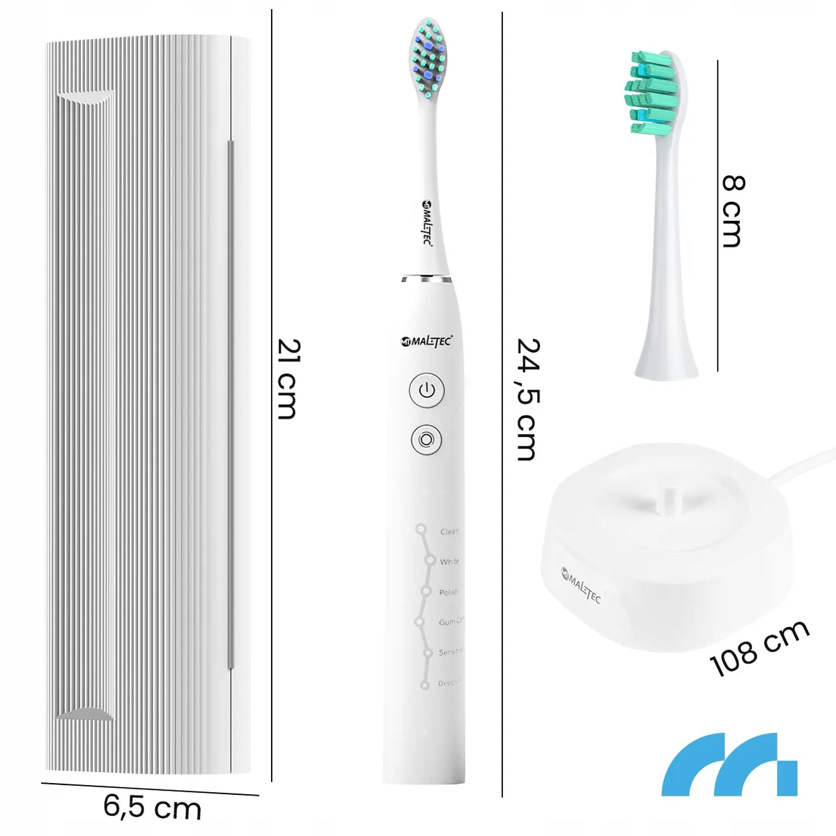 Maltec Toothie X1 WH soninis elektrinis dantų šepetėlis, 6 režimai, 6 antgaliai ir kelioninis dėklas