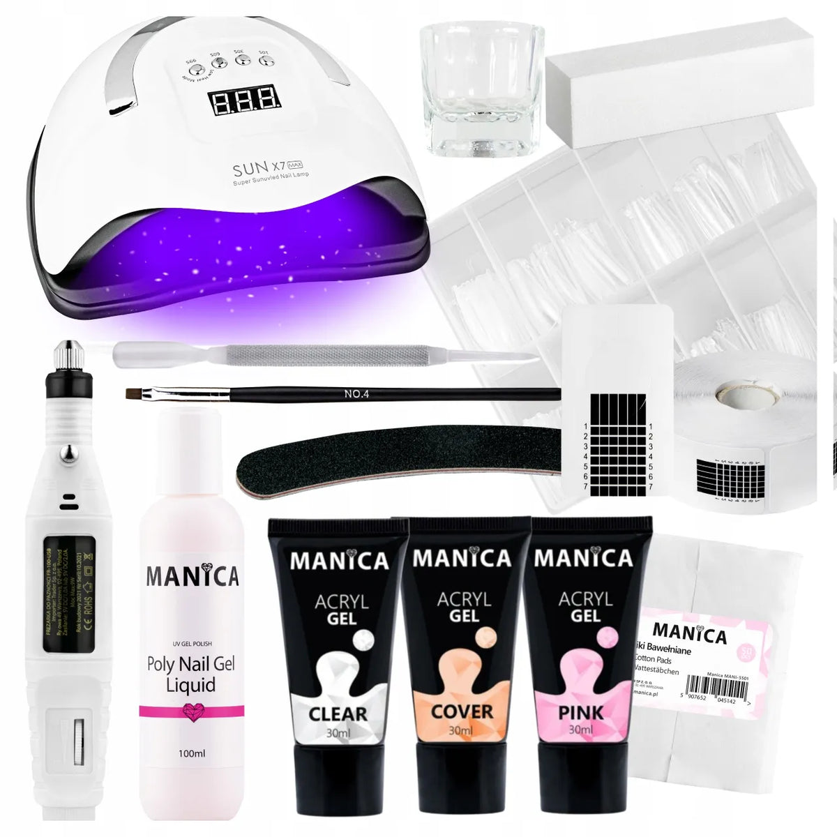 Manica akrigelio nagų priauginimo rinkinys su UV/LED lempa ir nagų frezavimo aparatu dovanų