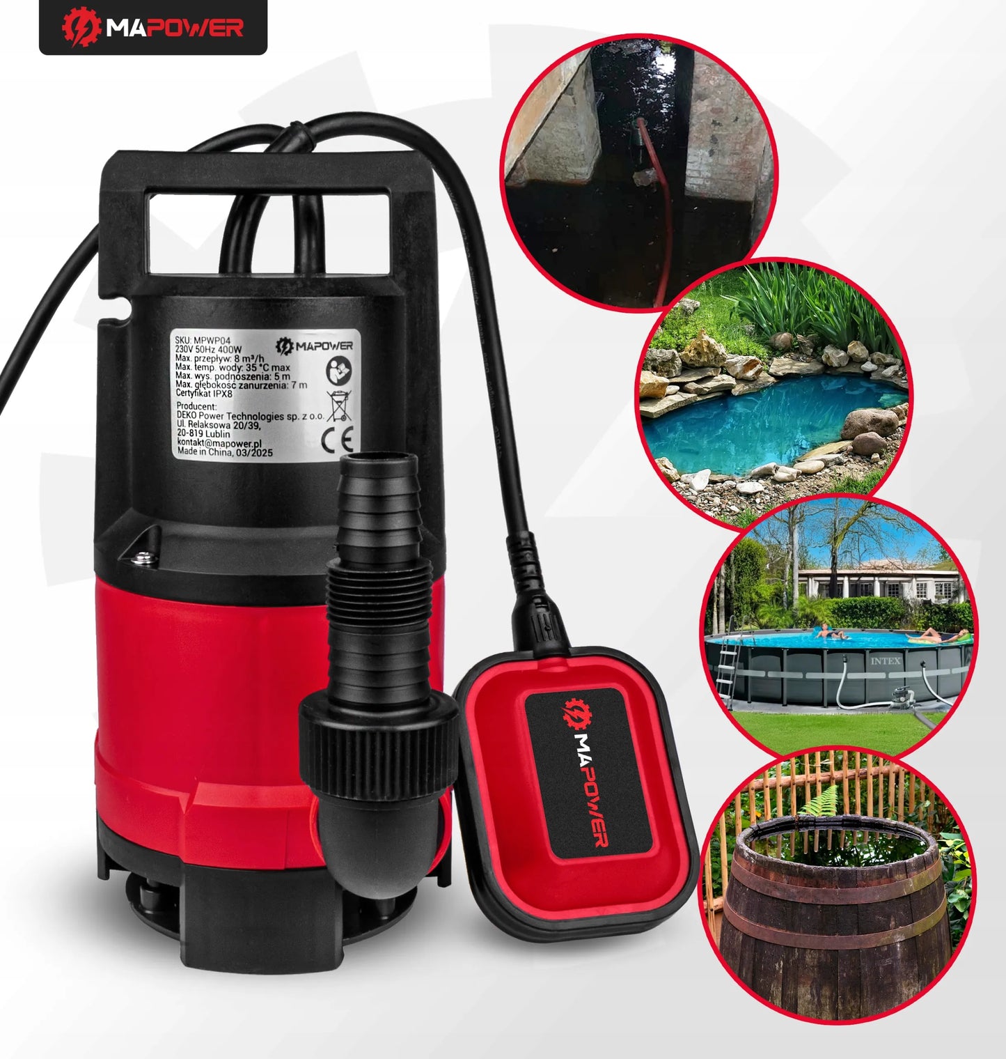MAPOWER 400W panardinamasis siurblys švariam ir nešvariam vandeniui su plūde