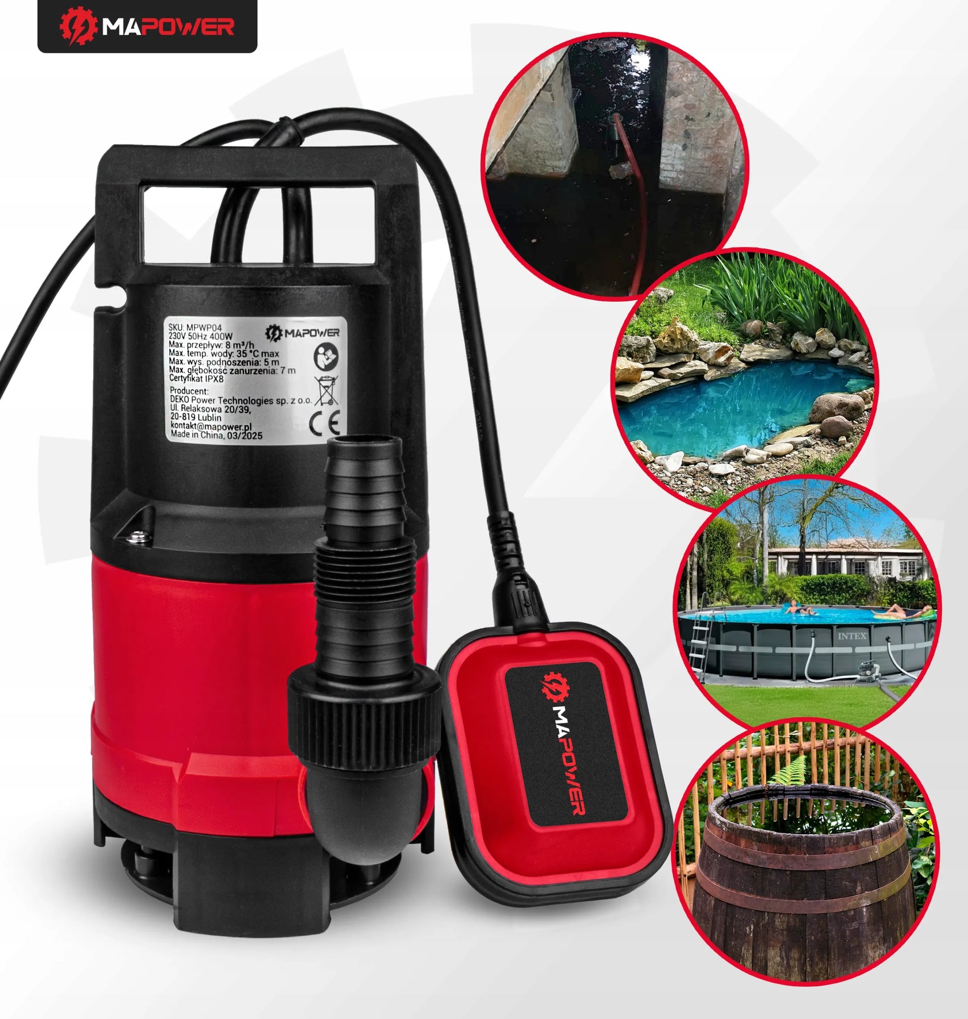 MAPOWER 400W panardinamasis siurblys švariam ir nešvariam vandeniui su plūde