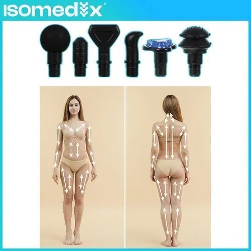 Masažo pistoletas Malatec Isomedix, 30 lygių, 12 antgalių, juodas, su dėklu