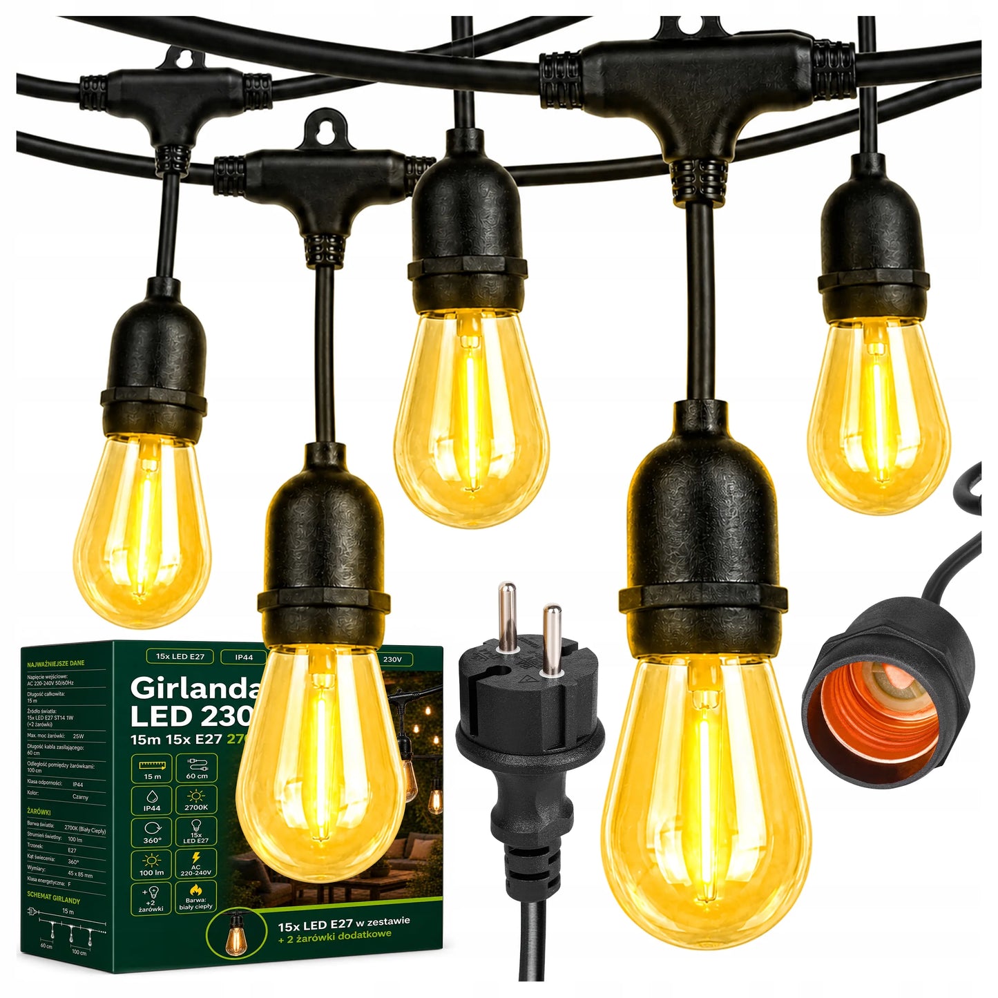 Masterled lauko LED girlianda 15M, 15x E27 lemputės, vandeniui atsparus laidas