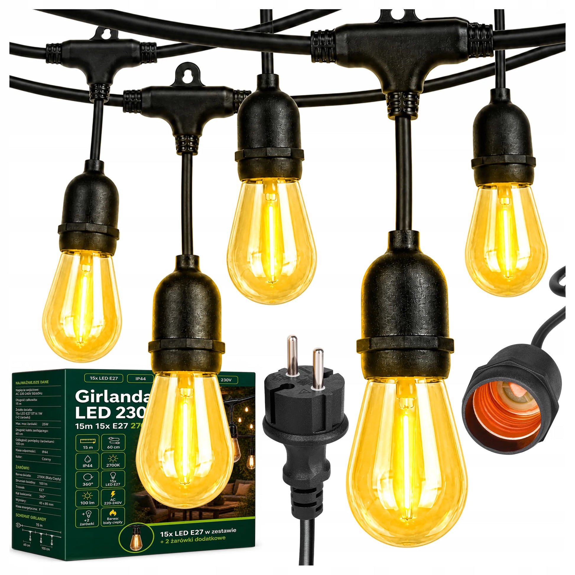 Masterled lauko LED girlianda 15M, 15x E27 lemputės, vandeniui atsparus laidas