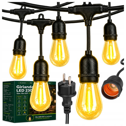 Masterled lauko LED girlianda 15M, 15x E27 lemputės, vandeniui atsparus laidas