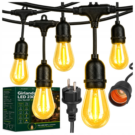 Masterled lauko LED girlianda 15M, 15x E27 lemputės, vandeniui atsparus laidas
