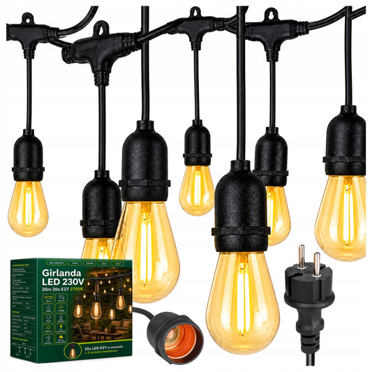 Masterled šviečianti sodo girlianda 20 m, 20x LED E27 lemputės + vandeniui atsparus laidas