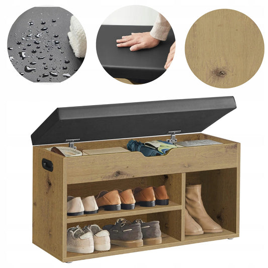 Matkam batų spintelė su sėdimąja dalimi, artisan ąžuolo ir juodos spalvos, loft stiliaus