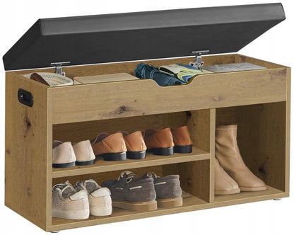 Matkam batų spintelė su sėdimąja dalimi, artisan ąžuolo ir juodos spalvos, loft stiliaus