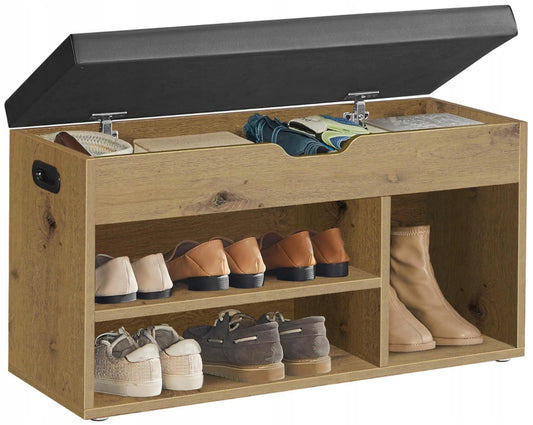 Matkam batų spintelė su sėdimąja dalimi, artisan ąžuolo ir juodos spalvos, loft stiliaus