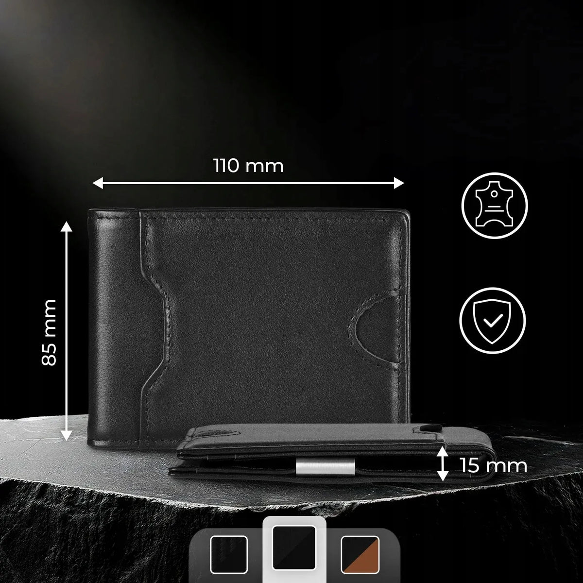 Maža juoda vyriška odinė piniginė „Slim“, 1,5 cm, natūrali oda, „Smart Wallet“