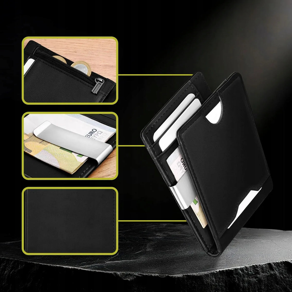 Maža juoda vyriška odinė piniginė „Slim“, 1,5 cm, natūrali oda, „Smart Wallet“