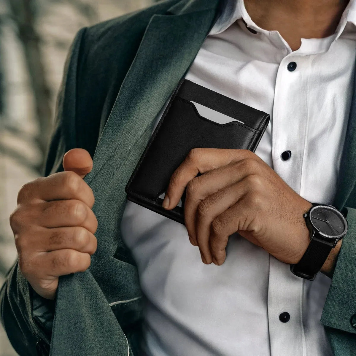 Maža juoda vyriška odinė piniginė „Slim“, 1,5 cm, natūrali oda, „Smart Wallet“