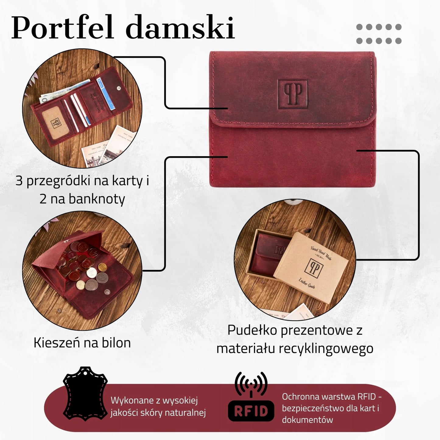 Maža odinė moteriška piniginė Paolo Peruzzi raudona vintažinė su RFID