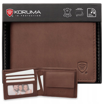 Maža vyriška odinė piniginė kortelėms ir monetoms, RFID apsauga, ruda / KORUMA