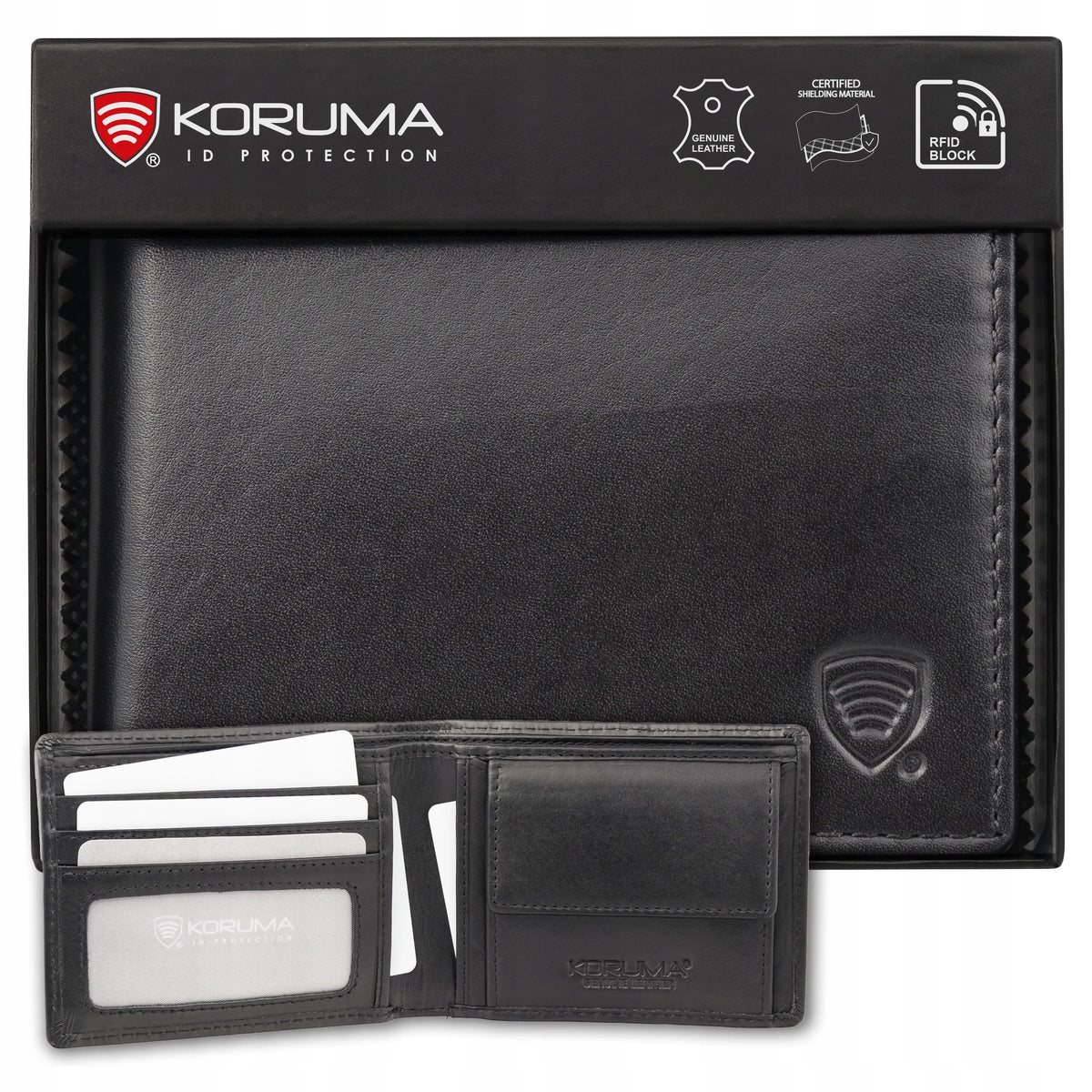 Maža vyriška odinė piniginė Koruma su RFID apsauga, vieta kortelėms ir monetoms, juoda