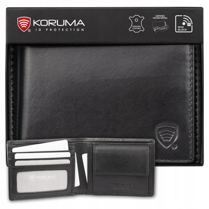 Maža vyriška odinė piniginė Koruma su RFID apsauga, vieta kortelėms ir monetoms, juoda