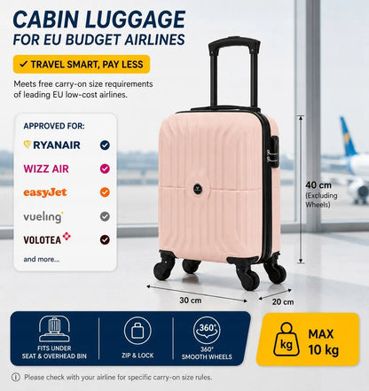 Mažas rankinis bagažas 40 × 30 × 20, ABS lagaminas su nuimamais ratukais, Ryanair, rožinis