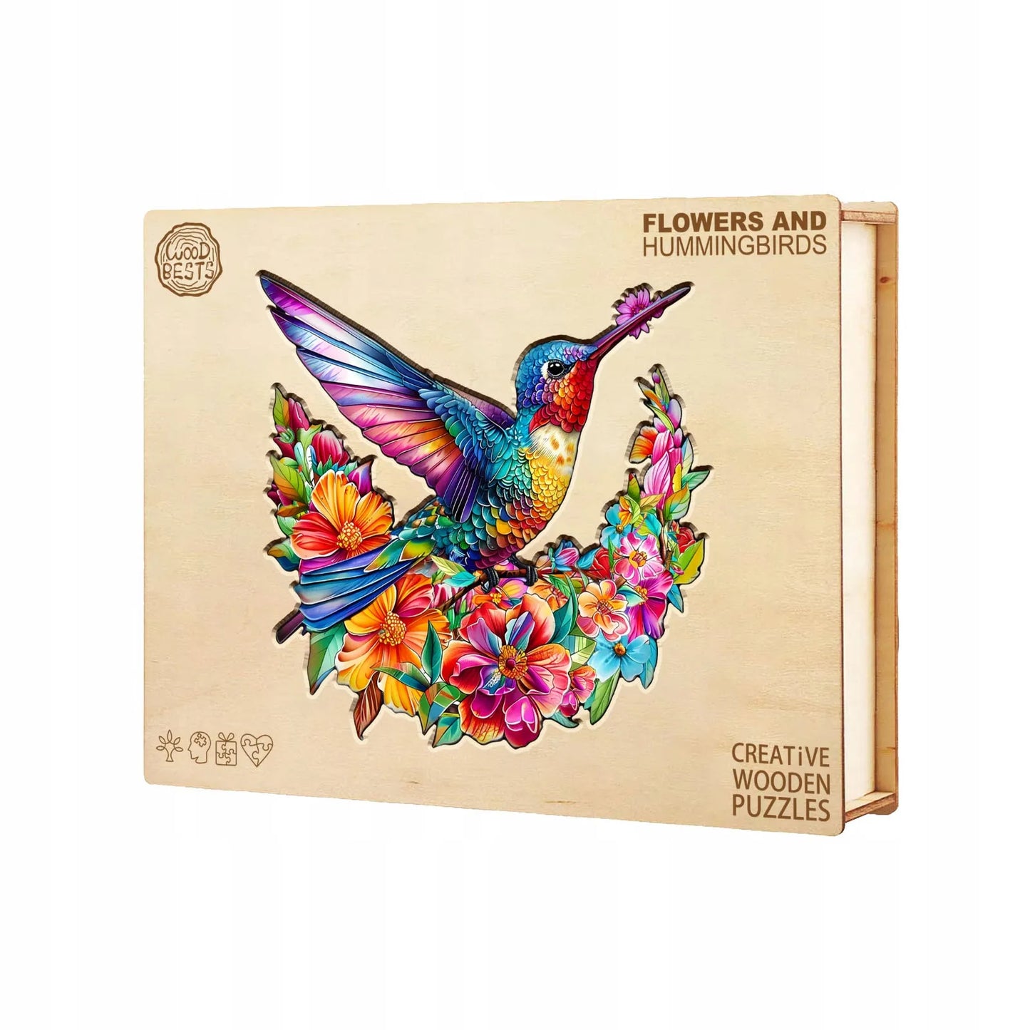 Mediniai dėlionės elementai Kolibris 260 vienetų Kolibris gėlėse medinėje dėžutėje