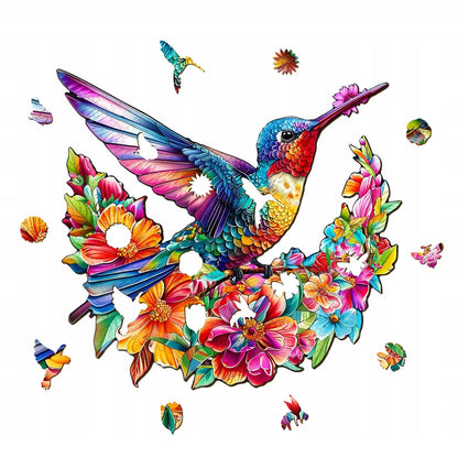 Mediniai dėlionės elementai Kolibris 260 vienetų Kolibris gėlėse medinėje dėžutėje