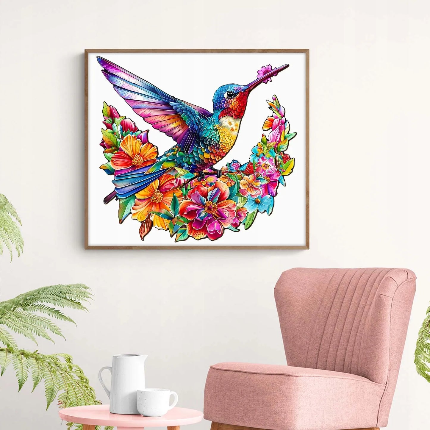 Mediniai dėlionės elementai Kolibris 260 vienetų Kolibris gėlėse medinėje dėžutėje