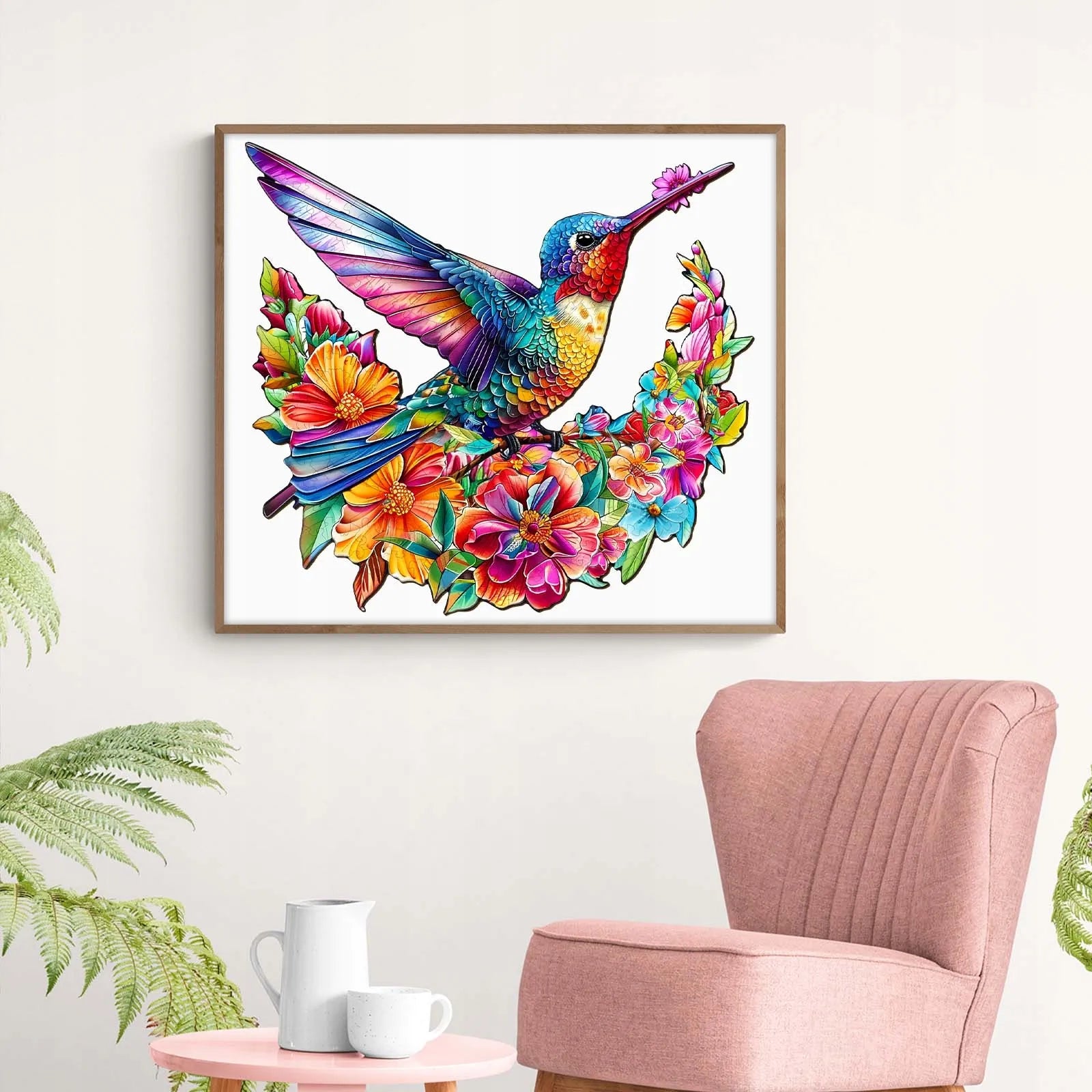 Mediniai dėlionės elementai Kolibris 260 vienetų Kolibris gėlėse medinėje dėžutėje