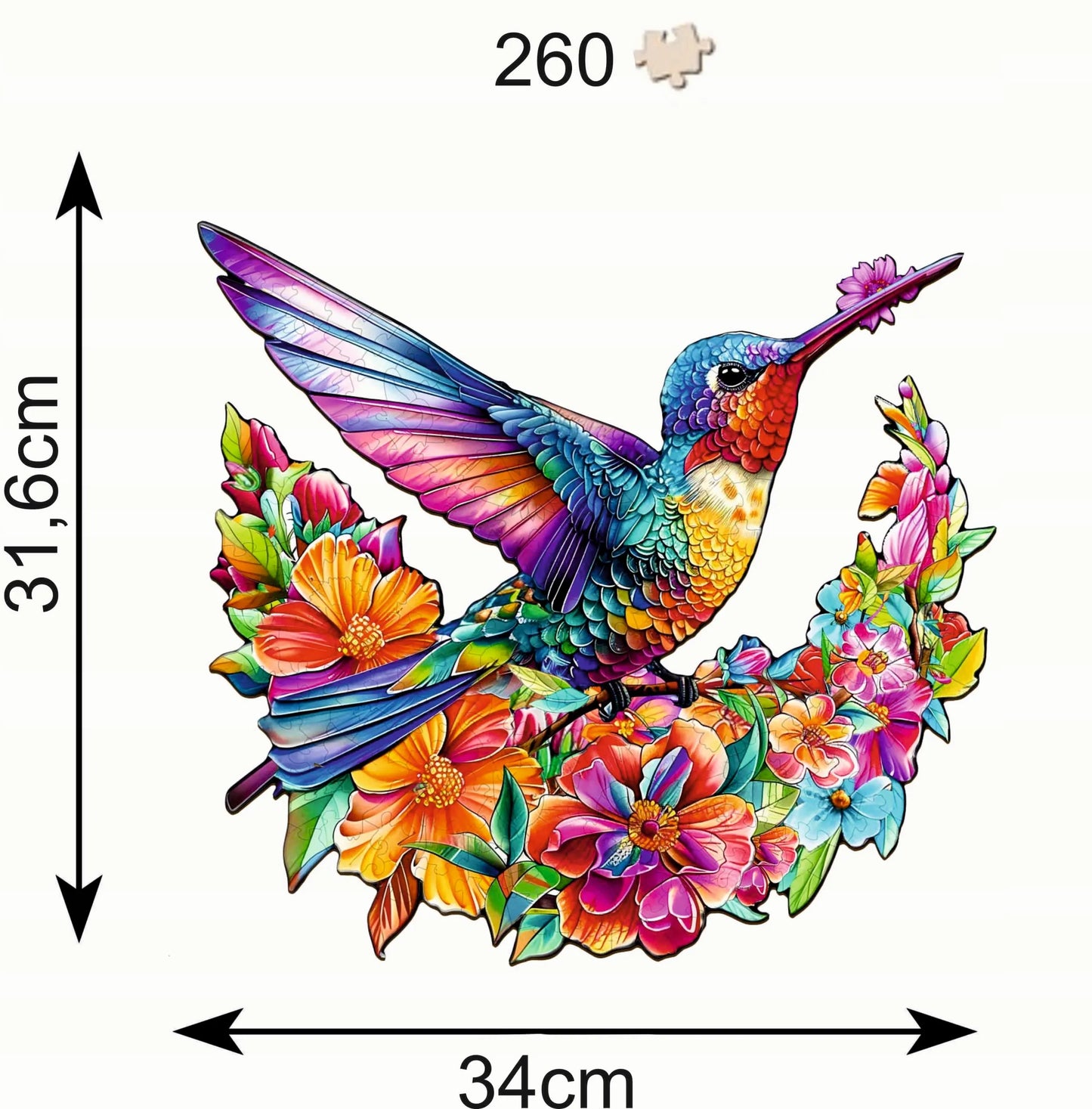 Mediniai dėlionės elementai Kolibris 260 vienetų Kolibris gėlėse medinėje dėžutėje