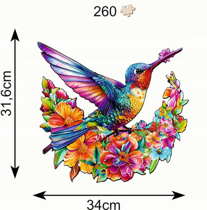 Mediniai dėlionės elementai Kolibris 260 vienetų Kolibris gėlėse medinėje dėžutėje