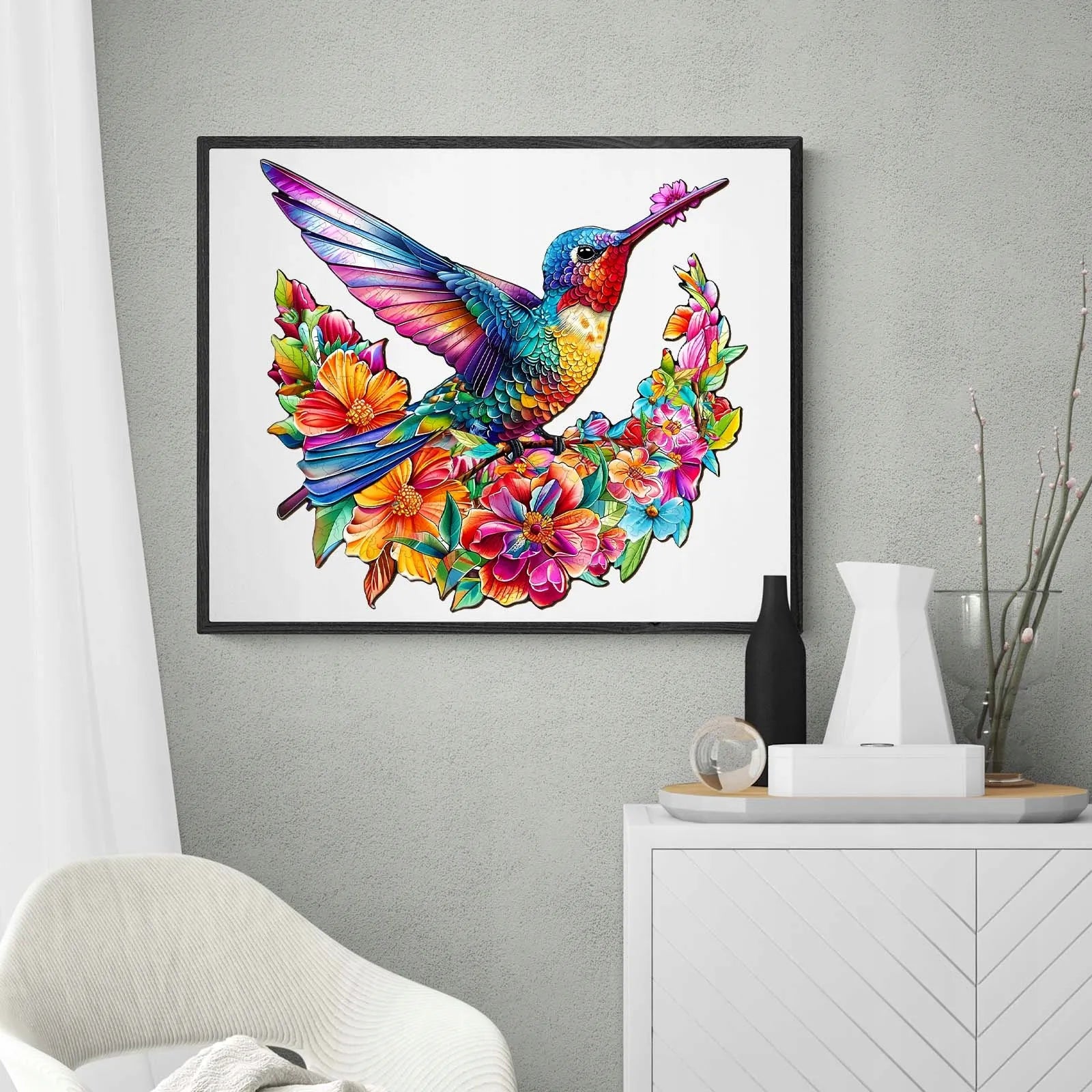 Mediniai dėlionės elementai Kolibris 260 vienetų Kolibris gėlėse medinėje dėžutėje