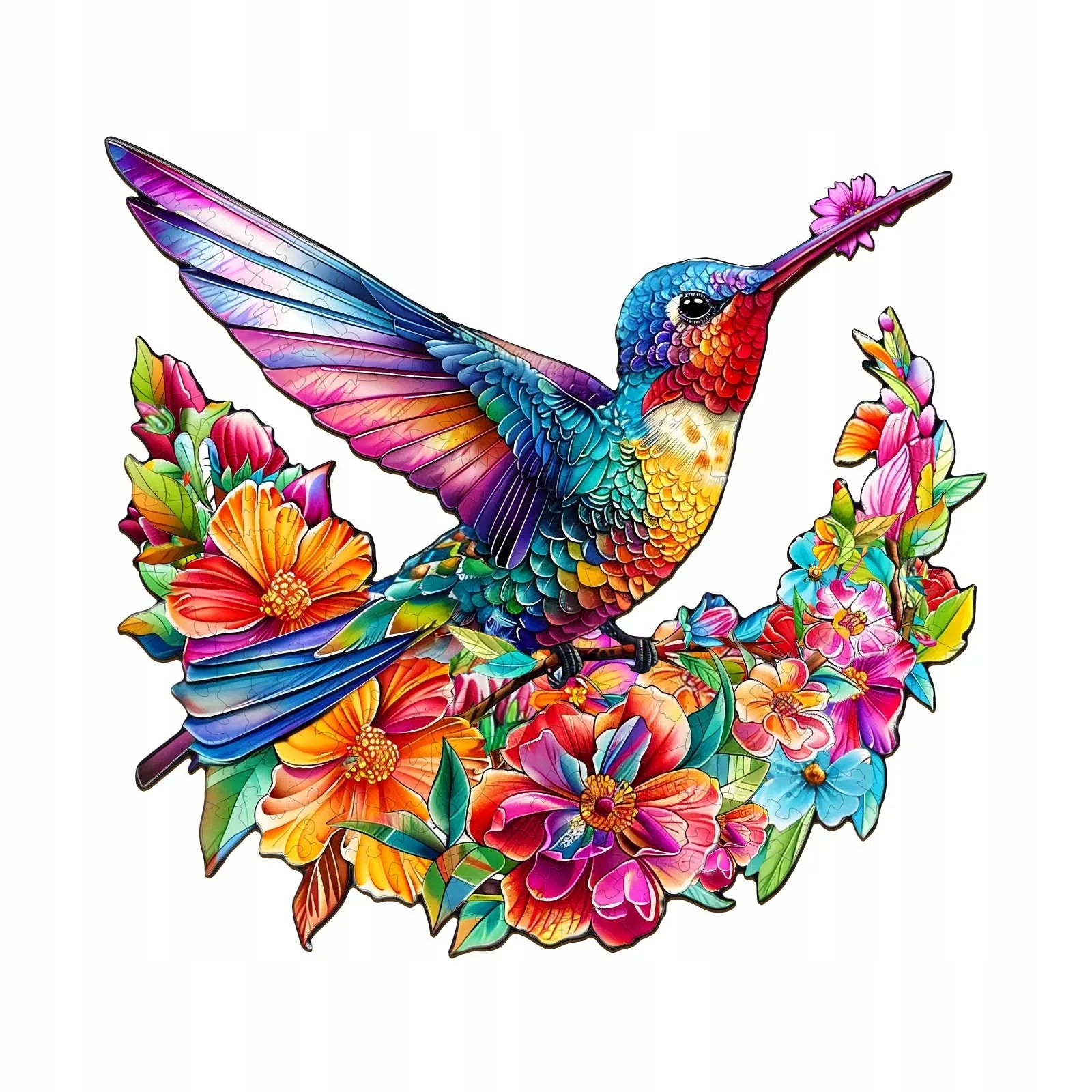 Mediniai dėlionės elementai Kolibris 260 vienetų Kolibris gėlėse medinėje dėžutėje