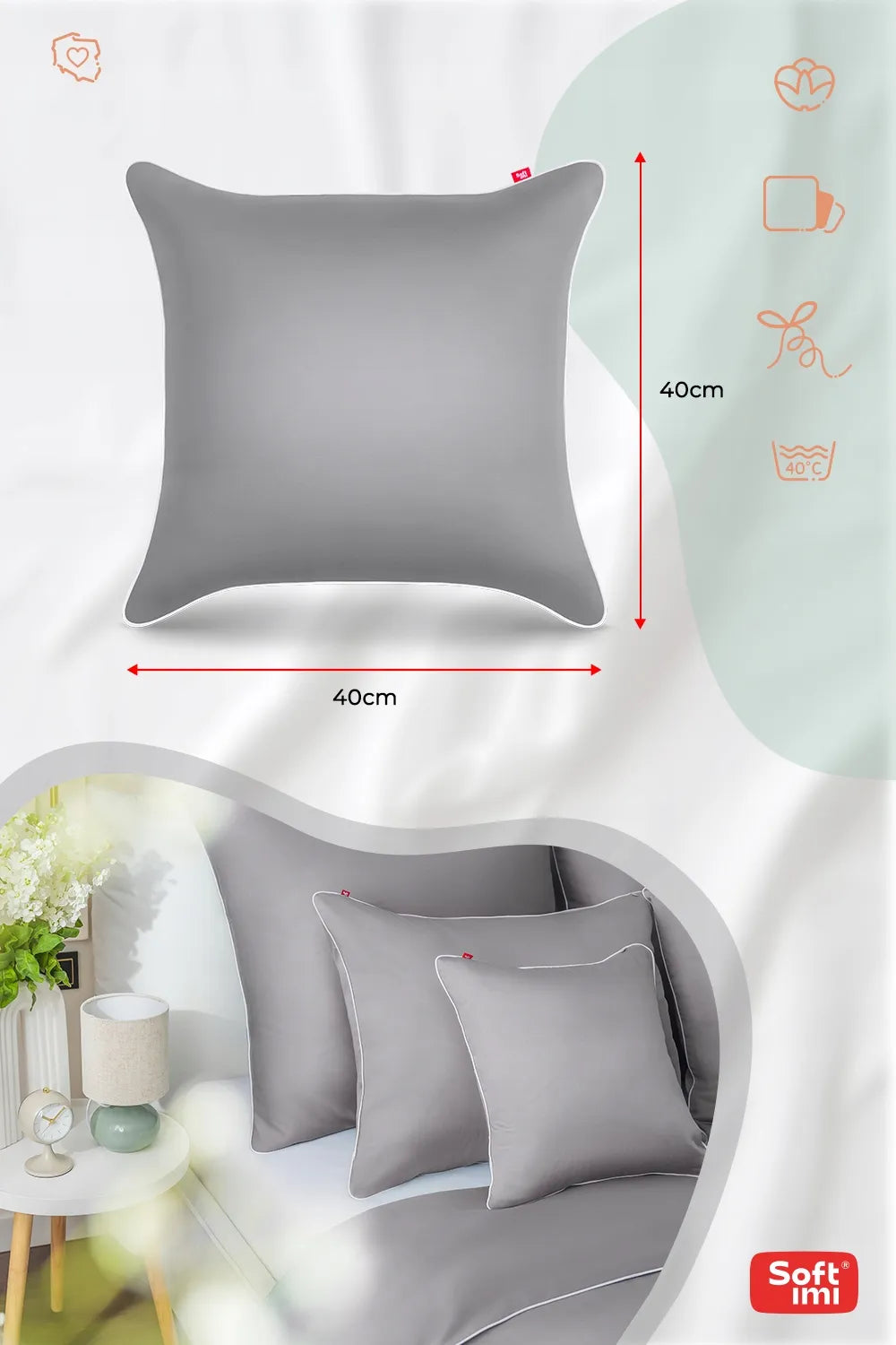Medvilninis pagalvės užvalkalas 40x40 – 100% medvilnės satinas, pilkas