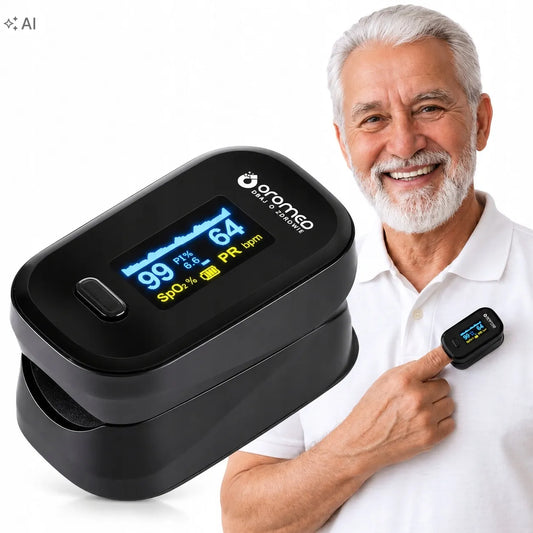 Medyczny pulsoksymetr napalcowy Oromed Oximeter z wyświetlaczem OLED, czarny + smycz