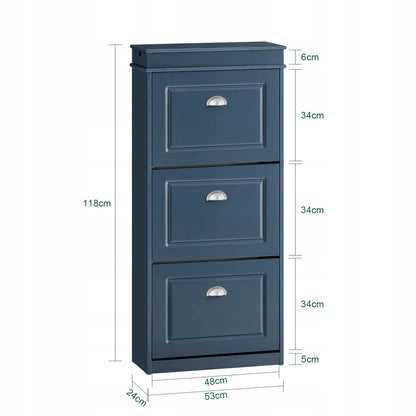 Mėlyna batų spintelė su 3 atlenkiamomis durelėmis prieškambariui, pastatoma 53x24cm FSR94-B