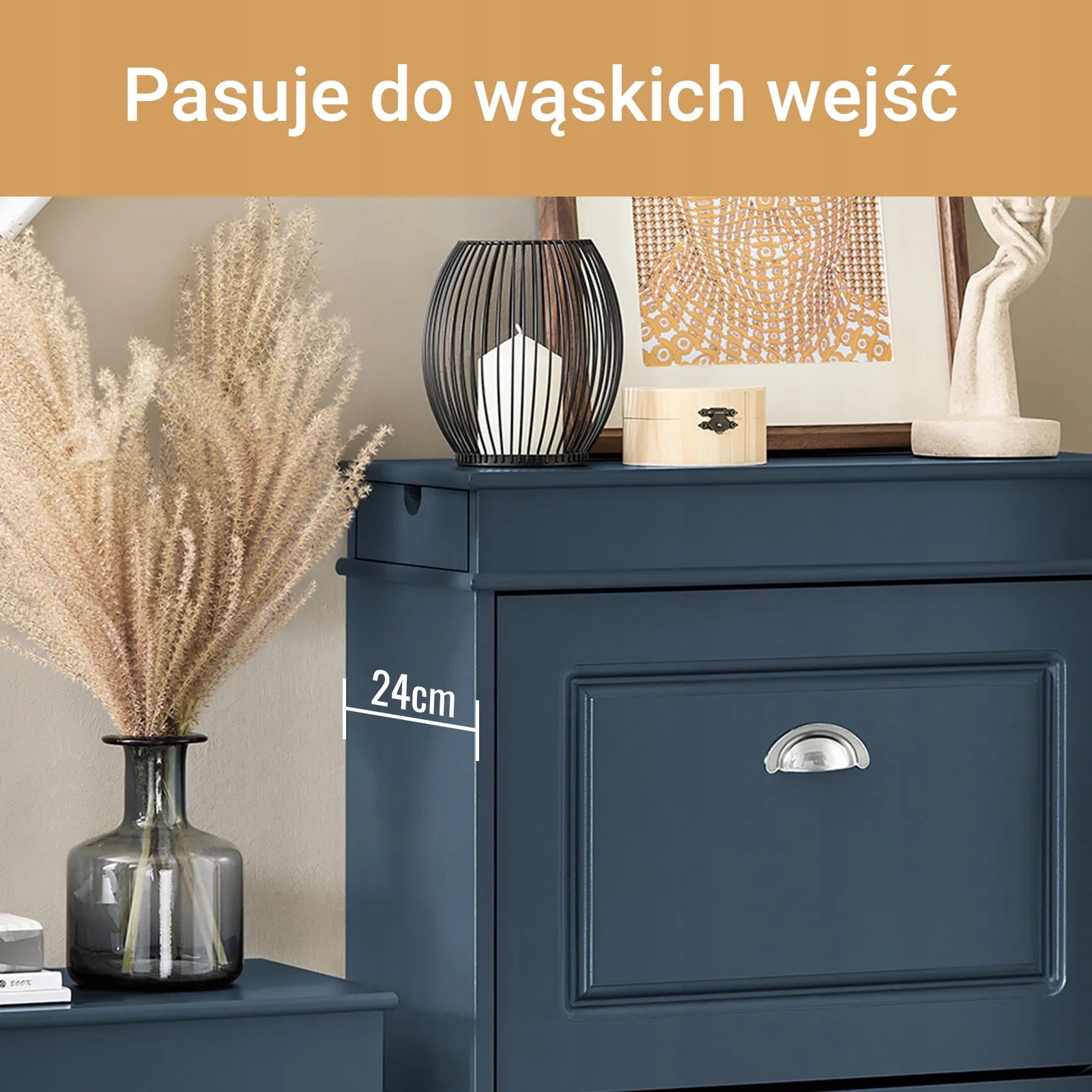 Mėlyna batų spintelė su 3 atlenkiamomis durelėmis prieškambariui, pastatoma 53x24cm FSR94-B