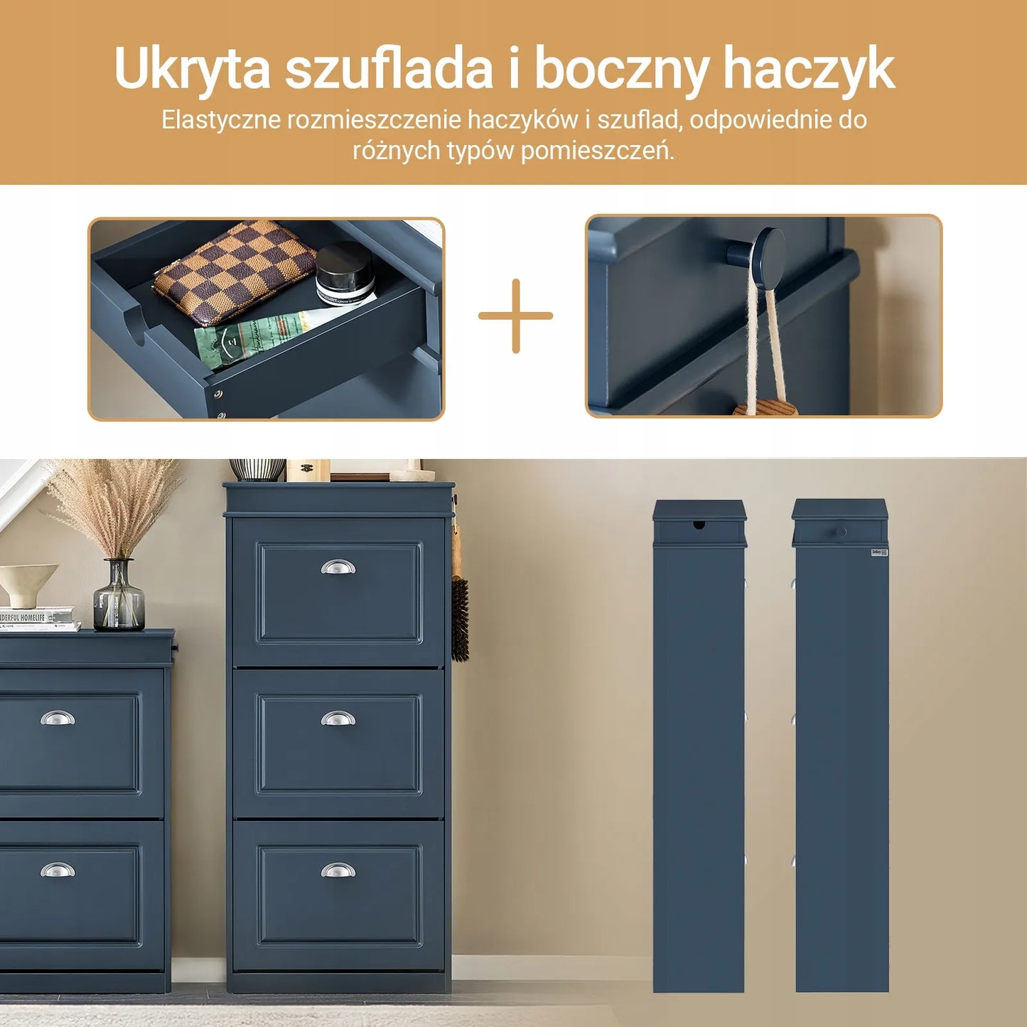 Mėlyna batų spintelė su 3 atlenkiamomis durelėmis prieškambariui, pastatoma 53x24cm FSR94-B
